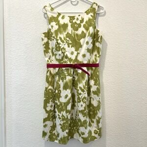 Jessica Howard Floral Green Party Dress Pink Belt Size 10P POCKETS